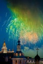 Fireworks over St. Andrew's Monastery in front of Moscow State University from the observation deck of the Russian Royalty Free Stock Photo