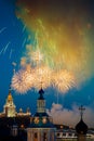 Fireworks over St. Andrew's Monastery in front of Moscow State University from the observation deck of the Russian Royalty Free Stock Photo