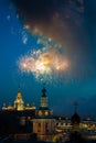 Fireworks over St. Andrew's Monastery in front of Moscow State University from the observation deck of the Russian Royalty Free Stock Photo