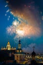 Fireworks over St. Andrew's Monastery in front of Moscow State University from the observation deck of the Russian Royalty Free Stock Photo