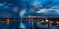 Spectacular Fireworks Display Over Stockholm Cityscape at Dusk Royalty Free Stock Photo