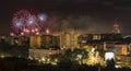 Fireworks over Szczecin City (Stettin) at night, Poland