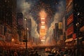 Fireworks over Times Square in New York City. a jubilant throng and New Years Eve fireworks, AI Generated Royalty Free Stock Photo