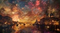 Fireworks Over Venice, Night Cityscape Illustration Royalty Free Stock Photo