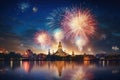 Fireworks over Wat Arun temple, bangkok, thailand, Beautiful firework show for celebration with blur bokeh light over Phra Nakhon