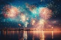 Fireworks over the water against the backdrop of a big city panorama. Beautiful festive fireworks