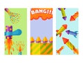 Fireworks pyrotechnics rocket brochure flapper birthday party card gift celebrate vector illustration festival tools