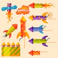 Fireworks pyrotechnics rocket and flapper birthday party gift celebrate vector illustration festival tools