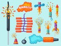 Fireworks pyrotechnics rocket and flapper birthday party gift celebrate vector illustration festival tools