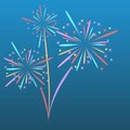 Fireworks rocket explodes in colored stars. Design element on isolated blue background. Abstract vector illustration.