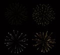 Fireworks set gold. Beautiful golden fireworks on black background. Bright decoration Christmas card, Happy New Year