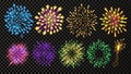 Fireworks Set Vector. Festive Carnival Night Sky. Bursting Sparkling Star Petard Light Effect. Holiday Anniversary