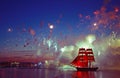 Fireworks and a ship with scarlet sails in honor of school leavers. A traditional holiday in St. Petersburg in June.