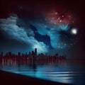 Fireworks show in the night sky over the river with city skyscrapers in the background. New Year\'s party and celebra Royalty Free Stock Photo