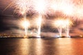 Fireworks show over the sea. Celebration background photo Royalty Free Stock Photo