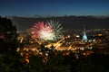 Fireworks show on panoramic scenic view of city downtown Turin Italy Royalty Free Stock Photo