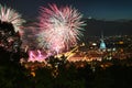 Fireworks show on panoramic scenic view of city downtown Turin Italy Royalty Free Stock Photo