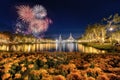 Fireworks show and prople looking at it at Suanluang Rama 9 park in Bangkok, Thailand. Dec 10, 2023