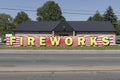 FIREWORKS sign along a stretch of highway. Where fireworks are legal, many stores open up in small towns around July for people to