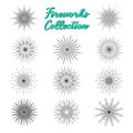 Fireworks silhouette black icons collection. Holiday and party celebration explosion, festival or carnival firecracker Royalty Free Stock Photo