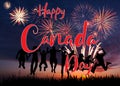 Fireworks in sky and hand lettering text happy Canada day