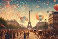 Fireworks in the sky over a city Day French National Day La Ft AI generation