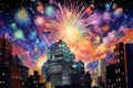 Fireworks in the sky over the city at night. Vector illustration. Generative AI Royalty Free Stock Photo