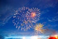 Fireworks in sky twilight. Fireworks display on dark sky background. Independence Day, 4th of July, Fourth of July or New Year Royalty Free Stock Photo