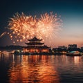 Fireworks skyline and cityscape night scene view of river side Royalty Free Stock Photo