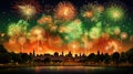 Fireworks skyline and cityscape night scene view of river side Royalty Free Stock Photo