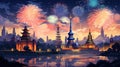 Fireworks skyline and cityscape night scene view of river side Royalty Free Stock Photo