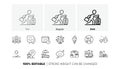 Fireworks stars, Grill place and Surprise boxes line icons. For web app, printing. Line icons. Vector Royalty Free Stock Photo