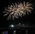 Fireworks Trio Over the Cincinnati Skyline Royalty Free Stock Photo