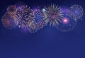 Fireworks on twilight background vector. Bright salute explosion with gradient glowing effect isolated on dark blue.