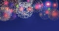 Fireworks on twilight background vector illustration. Bright salute explosion with glowing effect isolated on dark blue. Royalty Free Stock Photo