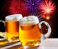 Fireworks with two glasses of beer