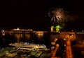 Fireworks under the big ship, Barcelona port