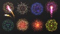 Fireworks. Various multicolored firework explosions with shining sparks. Christmas pyrotechnic show elements. Realistic