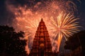 Fireworks at Wat Phra Mahathat Woramahawihan, Ayutthaya, Thailand, fireworks above a Hindu temple during Diwali or Deepavali, AI