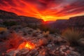 firey sunset, with the sun setting over canyon, casting warm and vibrant colors