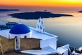 Firostefani, Santorini, Greece. Twilight with old greek church a Royalty Free Stock Photo