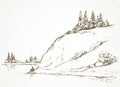 Firs on hill above river. Vector drawing Royalty Free Stock Photo