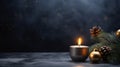 First advent with one burning candle with Christmas decoration against a dark grey background, copy space, Royalty Free Stock Photo