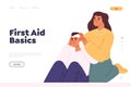 First aid basics concept of landing page with woman putting bandage on man head after brain injury