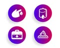 First aid, Blood donation and Drop counter icons set. Skin care sign. Medicine case, Injury, Medical equipment. Vector