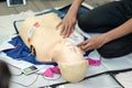 First aid cardiopulmonary resuscitation course using AED training.