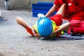 Work or workplace accident at construction site. First aid and CPR training. Royalty Free Stock Photo