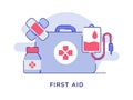 First aid concept tool box case antiseptic bottle bandage blood bag white isolated background with flat color outline
