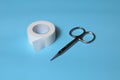 First aid for cuts and injuries to fingers, knees. Antiseptic, adhesive plaster, scissors. Royalty Free Stock Photo