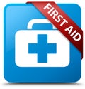 First aid cyan blue square button red ribbon in corner Royalty Free Stock Photo